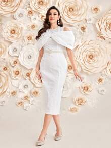 Modelyn 女士露肩連衣裙，大蝴蝶結裝飾 - 白色 - 查看 1