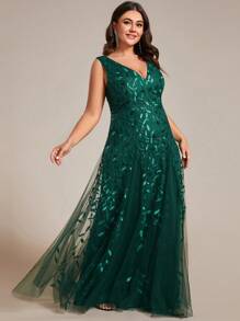 Vestido formal con cuello en V profundo, contraste de color con lentejuelas y malla - Verde Oscuro - Ver 5