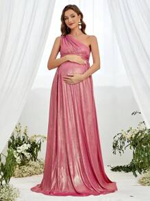 Faeriesty Dressalisa Maternity One Shoulder Floor Length Metallic Gown - Hot Pink - View 1
