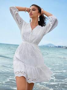 Anewsta Romantic Beach Style White Mid-Sleeve V-Neck Lace Splice Casual Dress With Waistbelt - White - View 4
