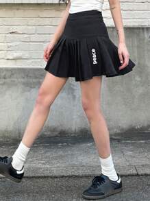 Dazy Designer 女款百褶字母印花裙 秋季校園風裙子 - 黑色 - 查看 6