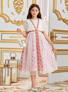 SHEIN 青少女網眼和緞帶裝飾的圓領花印拼接中長裙 - 玫紅色 - 查看 3
