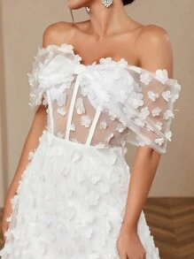 SHEIN Belle Women's Elegant Romantic Wedding Dress With Applique Bowknot Three-Dimensional Flower Color Block Design Puffy Dress And Off Shoulder