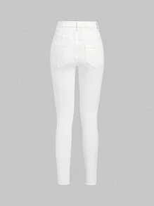 SHEIN Nuevos Pantalones Vaqueros Blancos Para Niñas Preadolescentes Para Las Vacaciones De Verano, Cómodos Y Elásticos, Con Rasgaduras Y Un Toque De Sol - Blanco - Ver 2