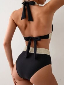 SHEIN Swim Color Block Halter Bikini Set With Woven Detachable Straps, Beach Outfit Bathing Suit Summer,Summer Beach - Black - View 2
