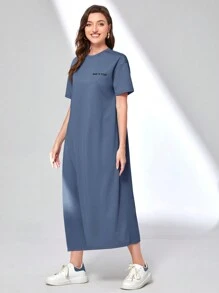 Mulvari Quý cô Lỏng lẻo phù hợp Thả vai Lá thư In Đầm - Màu xanh lam - Xem 4