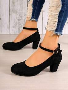 女性圓頭踝帶高跟鞋,時尚百搭 - 黑色 - 查看 1