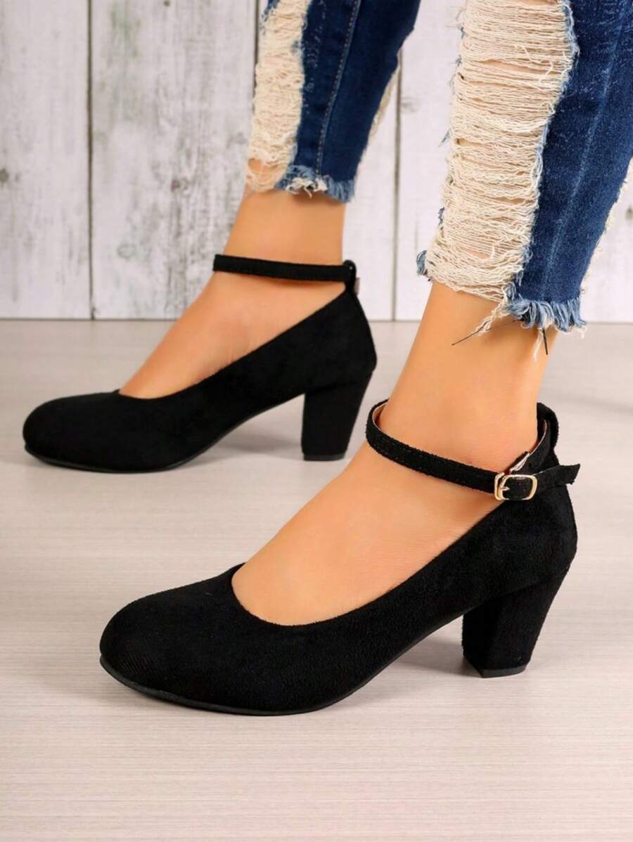 女性圓頭踝帶高跟鞋,時尚百搭 - 黑色 - 查看 1