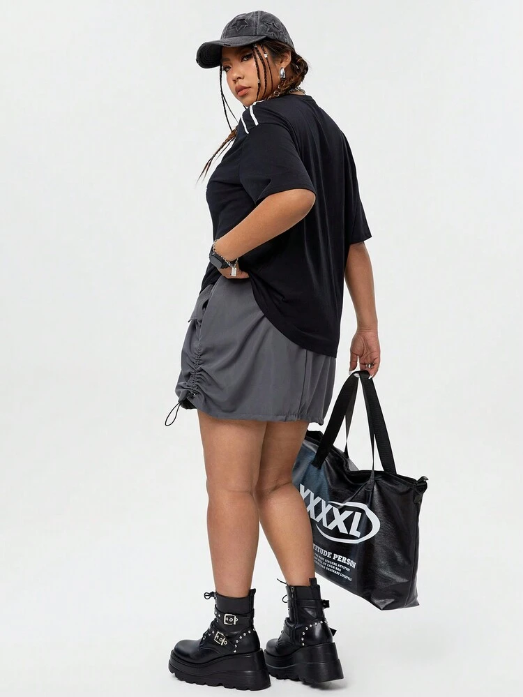 Plus Size 2024 Y2k Summer Vintage High Waist Drawstring Side Split Skirt