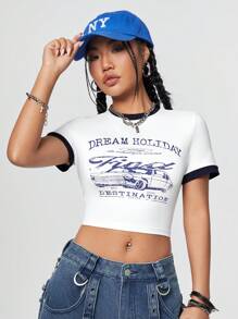 SHEIN Coolane Viền tương phản In chữ cái và ô tô Áo thun - trắng - Xem 1