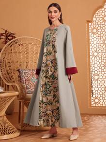 Al Najma Printed Patchwork Flare Sleeve Dress Kaftan Jalabiya Dress - Grey - View 4