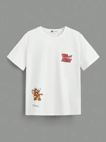TOM & JERRY X SHEIN 補間女孩卡通和字母圖案 T 卹 - 白色 - 查看 1