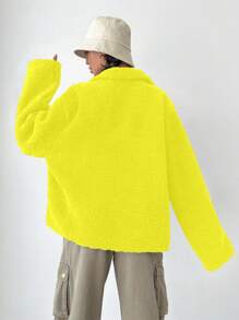 SHEIN Cottnline Women's Solid Color Drop Shoulder Fluffy Jacket - Yellow - View 2