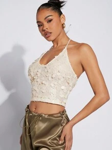 Hauture 女士亮片米色性感亮片短款露背上衣，约会之夜，音乐会，表演，音乐节，派对 - 白色 - 查看 4