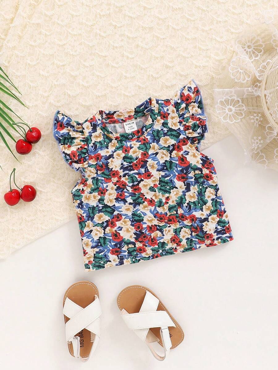 SHEIN Leap Crew قميص ذو أكمام قصيرة مطبوع بزهور لطفلة صغيرة ملابس عادية محبوكة - متعدد الألوان - مشاهدة 1