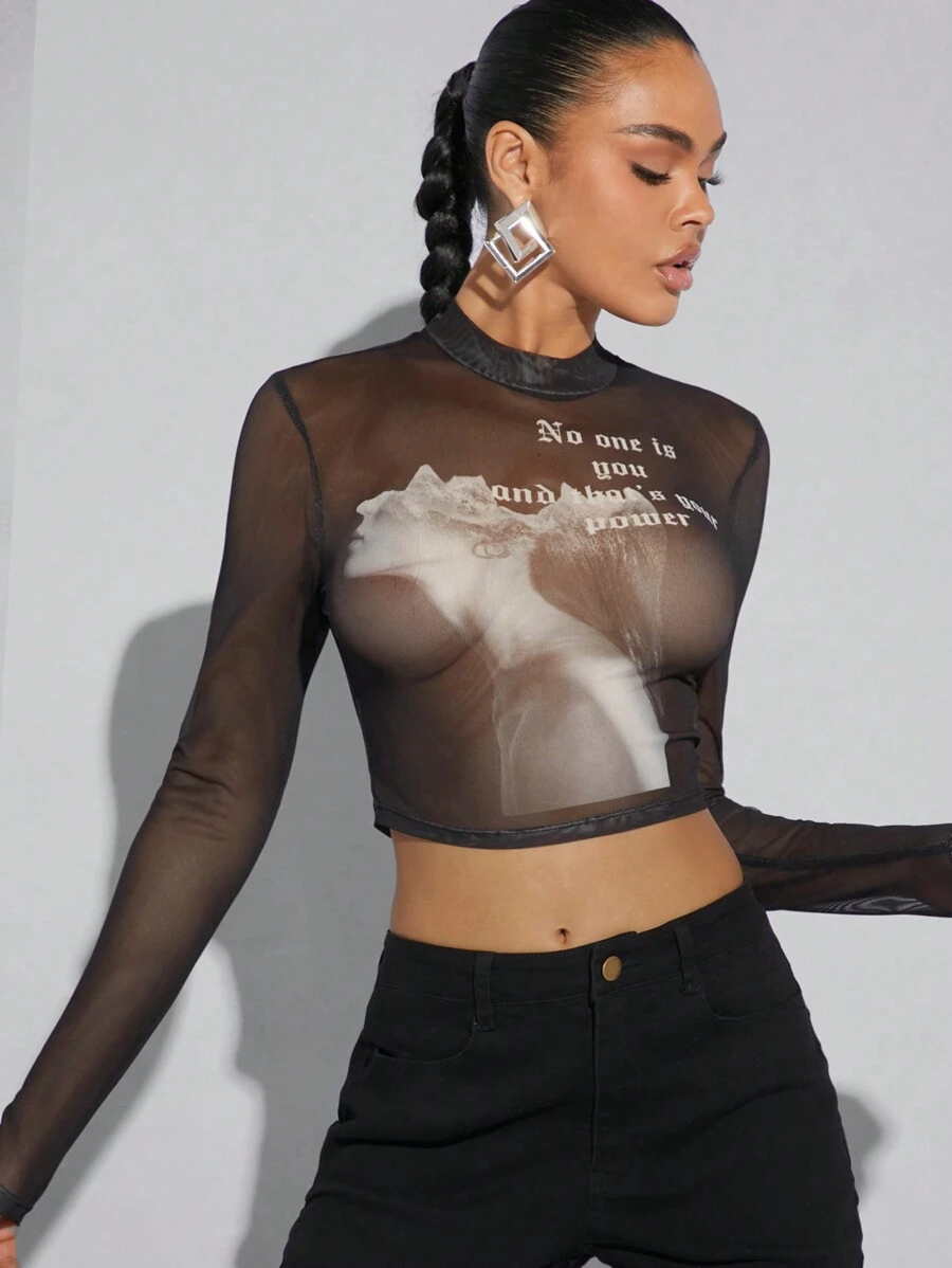 SHEIN Unity Face Letter Graphic Mesh Crop Top - Black - View 1