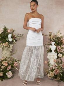 L'Amorae Vestido con panel de tubo y dobladillo de malla con lentejuelas