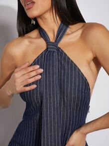 SHEIN Unity Striped Halter Neck Bodycon Dress With Shoulder Bag Design - Dark Wash - View 5