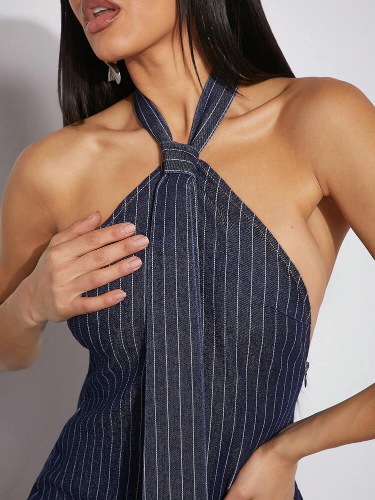 Striped Halter Neck Bodycon Dress With Shoulder Bag Design
