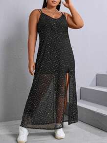 SHEIN CURVE+ Plus Size Shiny Sequin Mesh Split  Hem Thigh Cami Dress - Black - View 2