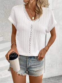 SHEIN LUNE V-Neck Lace Patchwork Batwing Sleeve T-Shirt - White - View 4