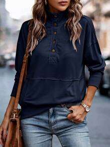 SHEIN LUNE Sudadera con bolsillo tipo canguro, manga larga y cierre de botones hasta la mitad - Azul Marino - Ver 4