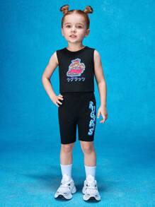 Nick 90s | SHEIN Conjunto De Top Sin Mangas Y Leggings Para Niña Con Estampado De Personaje De Caricatura De Coche - Negro - Ver 6
