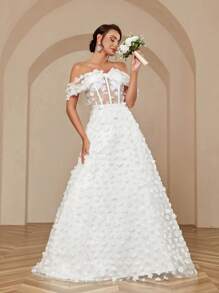 SHEIN Belle Women's Elegant Romantic Wedding Dress With Applique Bowknot Three-Dimensional Flower Color Block Design Puffy Dress And Off Shoulder
