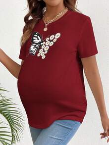 SHEIN 孕婦花蝴蝶印花常規肩短袖t恤 - 酒紅色 - 查看 5