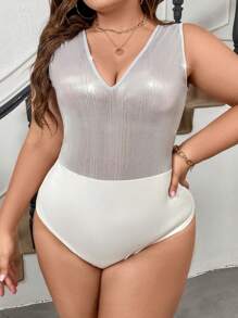 Celure Kích thước lớn Của phụ nữ Cổ chữ V Không tay Áo liền quần chặt - Bạc - Xem 3