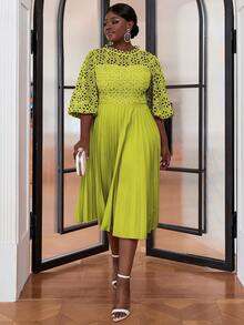 Plus Size Solid Color Lace Patchwork Lantern Sleeve Dress - Green - View 4