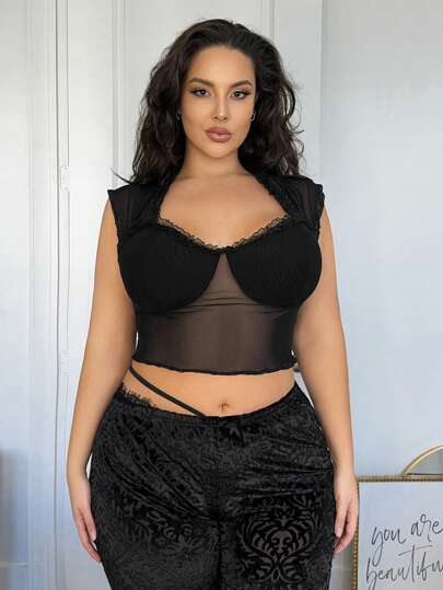 SHEIN SXY Damen-t-shirt In Übergröße, Eng Anliegend, Mit Sweetheart-ausschnitt Und Spitzenbesatz Am Saum