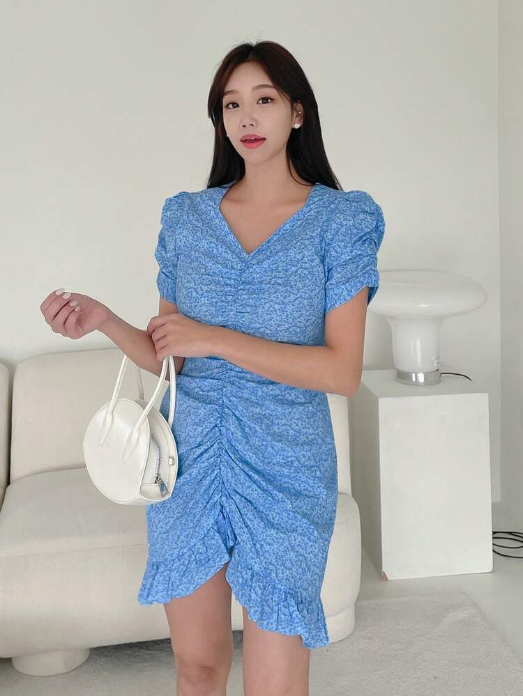 DAZY 女式花卉印花褶皱短款泡泡袖连衣裙太阳裙 - 藍色 - 查看 5