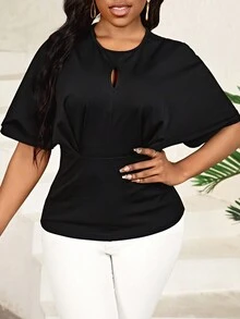 SHEIN Lady 女性 Masson色 無領褶皺蝙蝠短袖 T 恤 - 黑色 - 查看 4