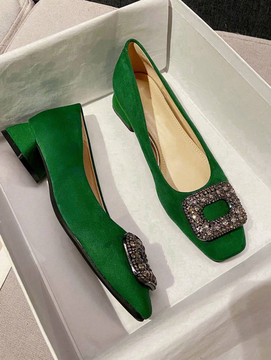 Fall/Winter Fashionable Classic Suede Chunky Heel Square Toe Pumps With Full Rhinestone Buckle Detailing For Women,Flats - Green - View 1