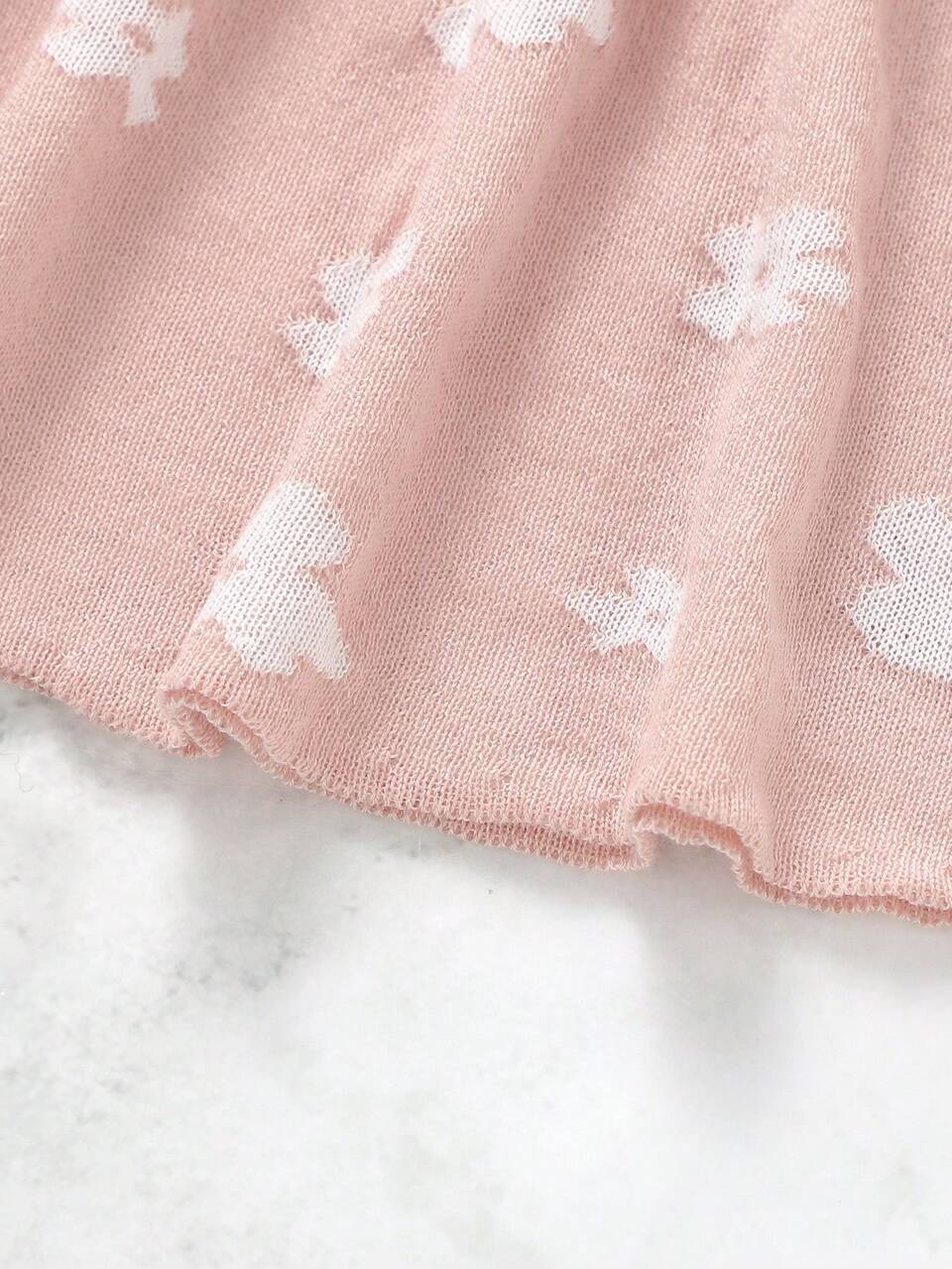 Baby Girl's Floral Pattern Sleeveless Knitted Sweater Dress With Waist Tie
