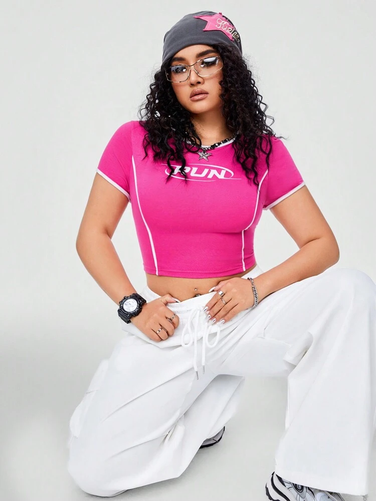 Plus Size Set Of T-Shirts With Letter Print & Color Block Splicing