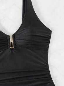 SHEIN Swim 女士純色襯褶連體泳衣,適用於夏季、海灘、假期、旅遊、節日、游泳池、衝浪 - 黑色 - 查看 3