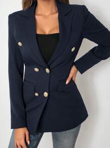 EURMUSE Ladies' Double-Breasted Long Sleeve Suit Jacket - Navy Blue - View 6