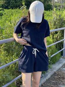 DAZY Solid Color Round Neck Short Sleeve Casual Top And Elastic Waist Shorts,Women Two Pieces Sets Lounge Sets For Women - Royal Blue - View 8