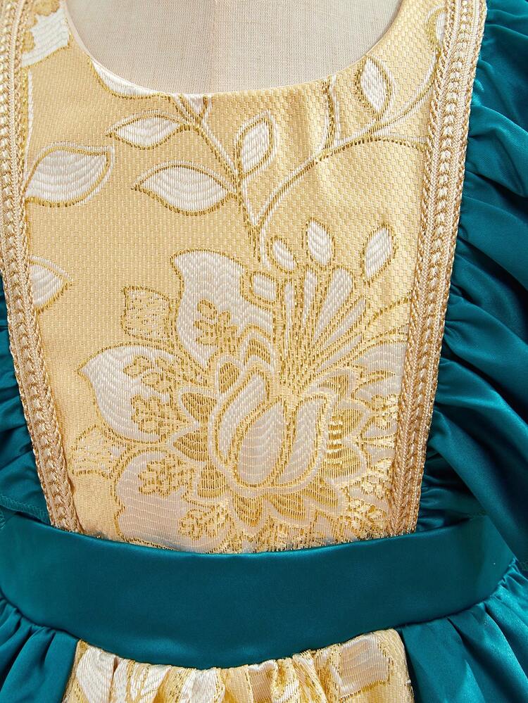 Tween Girls' Woven Dress With Floral Jacquard And Color Block Design, Cap Sleeve And Gathered Waistline