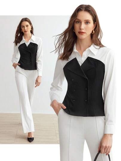 MOTF PREMIUM WOMEN'S WOVEN DOUBLE-BREASTED 2-IN-1 SHIRT BUSINESS CASUAL WOMEN OFFICE WEAR