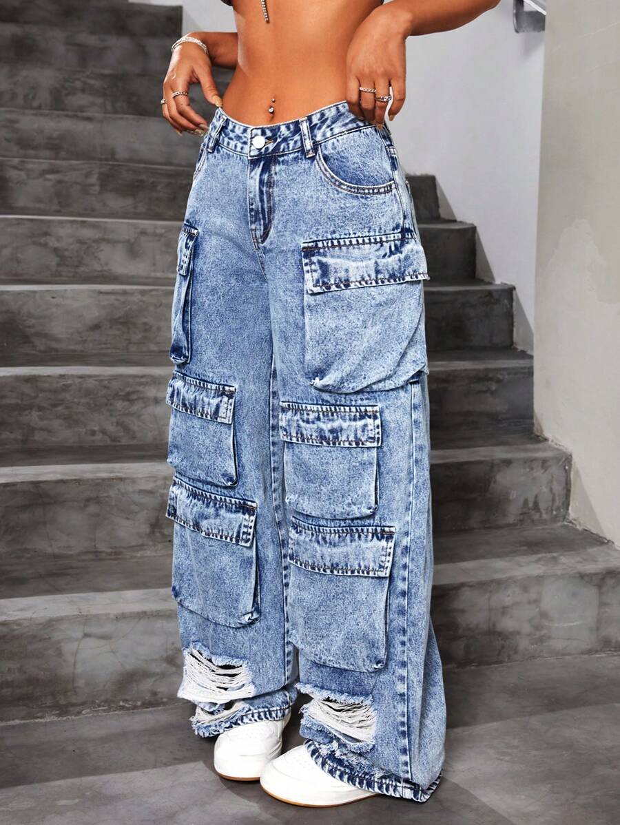 SHEIN ICON Women's Multi-Pocket Distressed Cargo Jeans - Blue - View 1