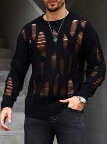 Manfinity Homme 男士做旧镂空针织街头潮流拼色套头长袖上衣，适合外出、朋友聚会、放大男士长袖针织，男士毛衣上衣，男士黑色毛衣，男士针织上衣，适合秋冬 - 黑色 - 查看 4