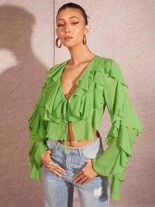 SHEIN BAE Solid Color Sweet Elegant V-Neck Tie Front Ruffle Hem Sheer Blouse With Flare Sleeves For Summer - Green - View 3