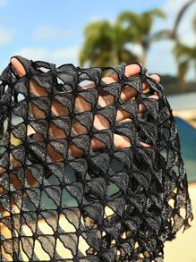 SHEIN Swim Curve Camisa cubridora de talla grande con detalles calados y amarrada al frente para el verano - Negro - Ver 8