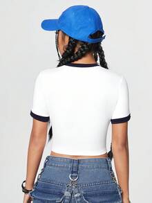 SHEIN Coolane Viền tương phản In chữ cái và ô tô Áo thun - trắng - Xem 2