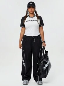 Coolane Lỏng lẻo phù hợp Kích thước lớn Y2K Phong cách đường phố Quần ống rộng Với dây rút Eo Cho mùa xuân Và Mùa hè 2024 - màu đen - Xem 3