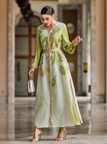 Al Najma Patchwork Jacquard 2 In 1 Long Robe Jalabiya With Weave Ribbon - Green - View 6