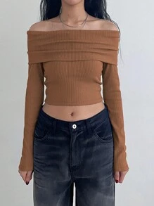 DAZY 纯色露肩罗纹长袖修身T恤短款女式上衣 - 橘色 - 查看 5